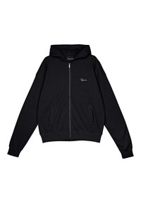 Black zip-up hoodie with ribbed texture, front pockets, and an embroidered logo on the chest. Features a fitted waistband and cuffs.