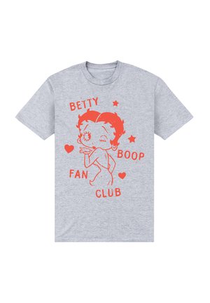 Grå bomulds t-shirt med et rødt grafisk motiv af Betty Boop, med teksten "BETTY BOOP FAN CLUB" samt dekorative stjerner og hjerter.