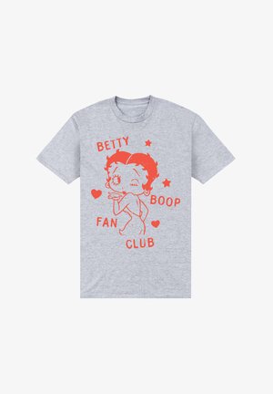 Grå bomulds t-shirt med et rødt grafisk motiv af Betty Boop, med teksten "BETTY BOOP FAN CLUB" samt dekorative stjerner og hjerter.