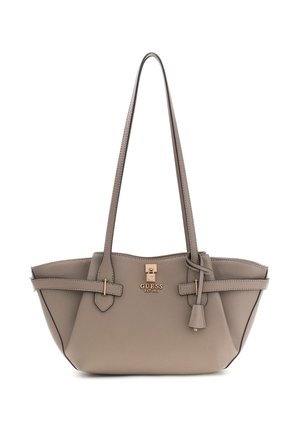 Graue Ledertasche mit zwei Schulterriemen, goldenen Beschlägen und einer Logo-Plakette auf der Vorderseite. Verfügt über flache Seiten und ein geräumiges Inneres.