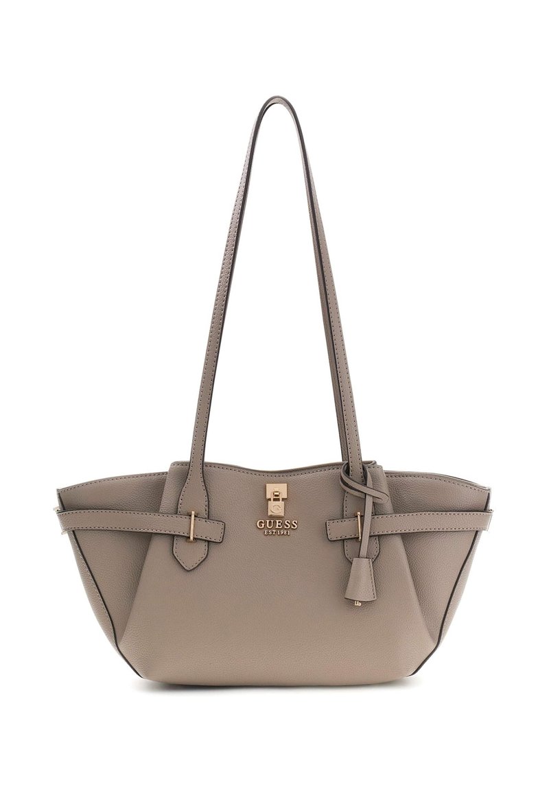 Graue Ledertasche mit zwei Schulterriemen, goldenen Beschlägen und einer Logo-Plakette auf der Vorderseite. Verfügt über flache Seiten und ein geräumiges Inneres.