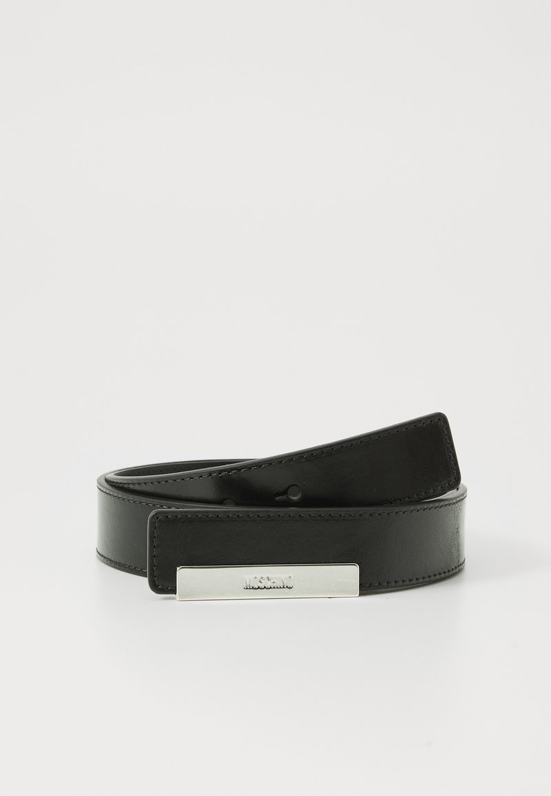 Black leather belt featuring a sleek silver hardware buckle, flat design with smooth texture and visible stitching accents.