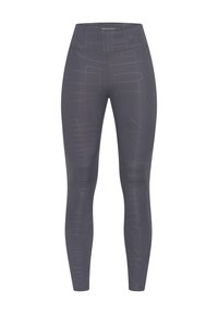 Leggings de cintura alta en tela gris oscuro con un sutil patrón geométrico. Material elástico con una textura suave y un diseño ajustado.