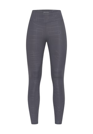 Hoge taille leggings van donkergrijze stof met een subtiel geometrisch patroon. Rekbare stof met een gladde textuur en een nauwsluitend ontwerp.