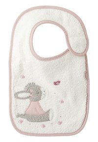 White terry bib with a pink trim and a rabbit embroidery. Features soft texture, circular neck opening, and decorative pink accents.