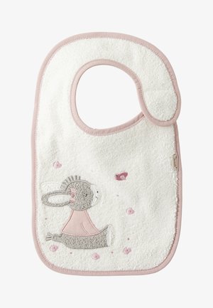 White terry bib with a pink trim and a rabbit embroidery. Features soft texture, circular neck opening, and decorative pink accents.