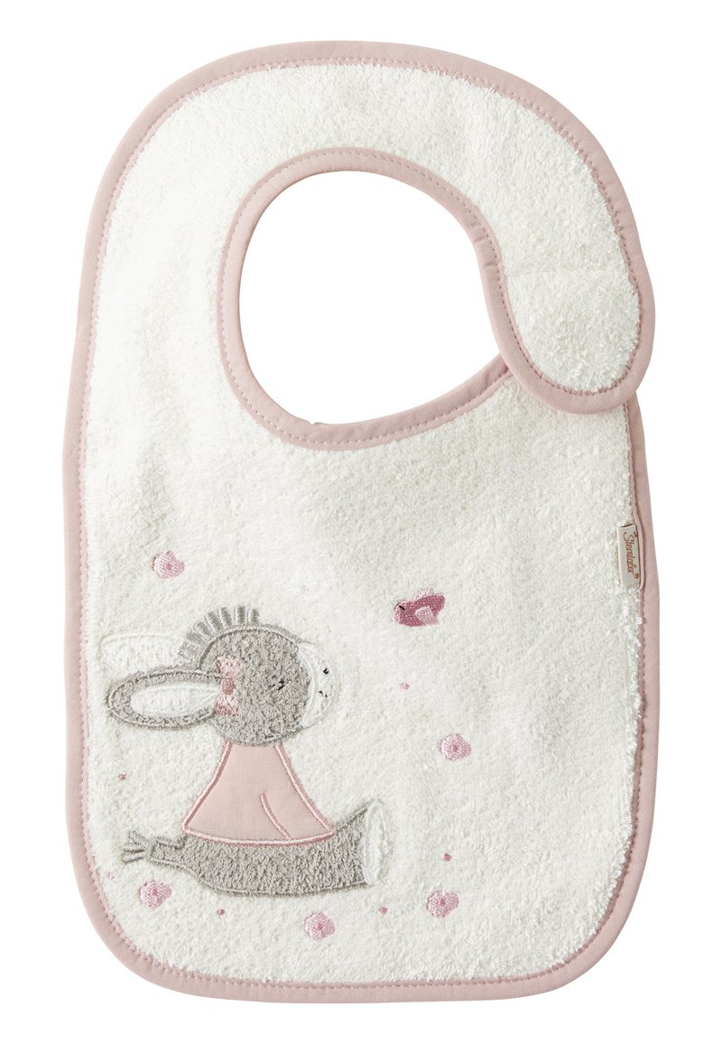 White terry bib with a pink trim and a rabbit embroidery. Features soft texture, circular neck opening, and decorative pink accents.