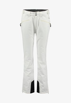 Pantalons de ski blancs avec des accents noirs, fabriqués à partir d'un matériau résistant aux intempéries. Les caractéristiques incluent des poches zippées et une coupe ajustée.
