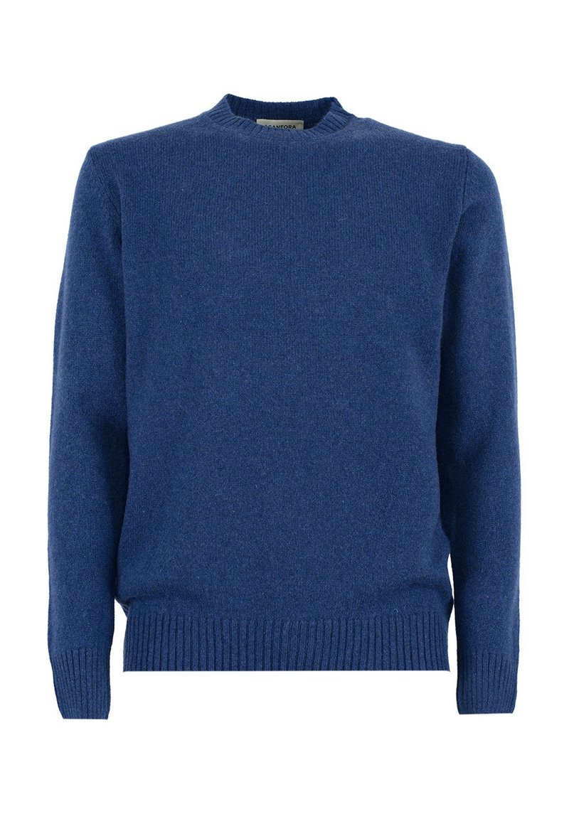 Maglione blu lavorato a maglia con scollo tondo, maniche lunghe, polsini e orlo a coste, realizzato in un materiale morbido e testurizzato.