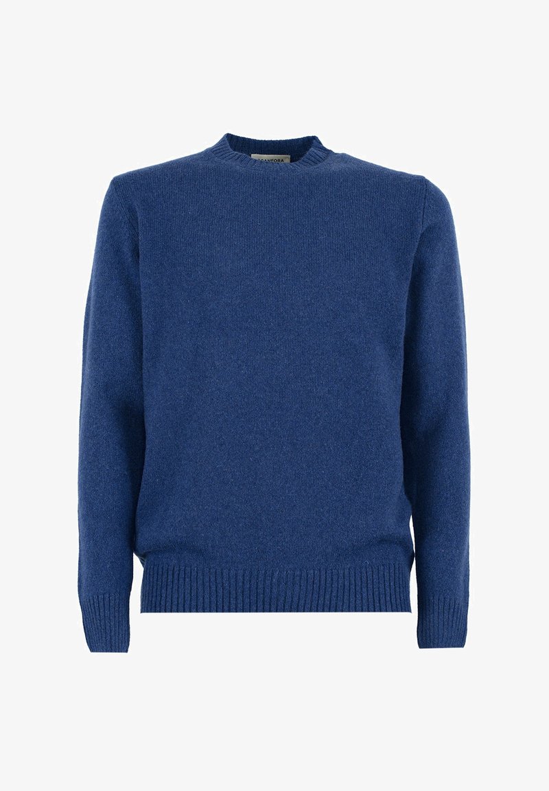 Maglione blu lavorato a maglia con scollo tondo, maniche lunghe, polsini e orlo a coste, realizzato in un materiale morbido e testurizzato.