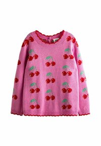 Maglione lavorato a maglia rosa con motivi di ciliegie rosse e foglie verdi, con bordino rosso a scallop sul colletto e sull'orlo.