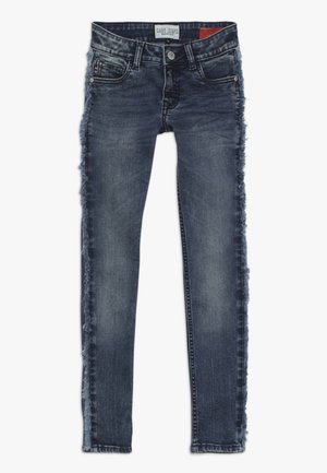 Donkere blauwe skinny jeans met rafelige zijnaden, voor- en achterzakken en een knoopsluiting in de taille.