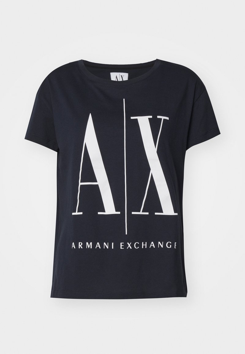 Navy cotton t-shirt featuring a large white "AX" logo and "ARMANI EXCHANGE" text at the bottom; relaxed fit with short sleeves.