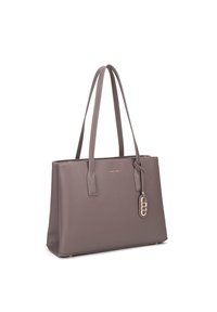 Borsa a tote in pelle grigia con un design strutturato, doppi manici superiori, dettagli in metallo e una piccola etichetta sospesa.