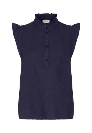 Blouse sans manches bleu marine avec col montant à volants, patte de boutonnage à quatre boutons, et manches légèrement froncées.