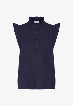 Blouse sans manches bleu marine avec col montant à volants, patte de boutonnage à quatre boutons, et manches légèrement froncées.