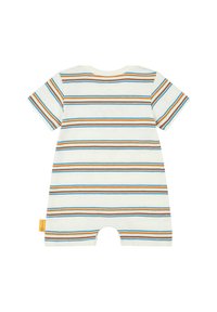 Rompers pour bébé à rayures avec des manches courtes, fabriqué en coton doux. Le design comprend des rayures horizontales en bleu, orange et marron sur un fond clair.