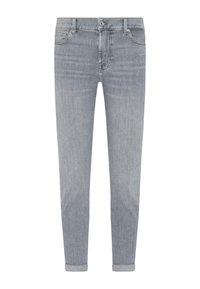 Jeans en denim bleu clair, coupe droite, cinq poches, fermeture à bouton à l'avant, ourlets retournés, et une texture lisse avec un léger délavage.