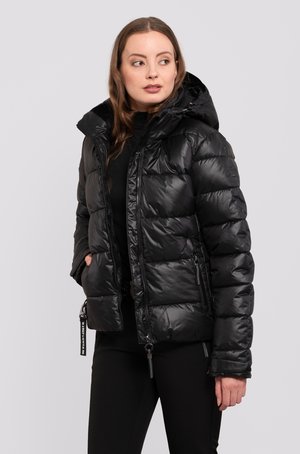 Black puffer jacket with a hood, glossy finish, quilted design, front zip closure, and two side pockets featuring toggle accents.