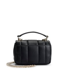 Black quilted leather handbag with a structured shape, featuring a short handle and a gold chain strap. Smooth texture, polished hardware accents.