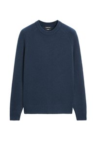 Marineblauer Strickpullover mit rundem Ausschnitt, gerippten Bündchen und Saum, mit glatter Textur und Raglanärmeln.