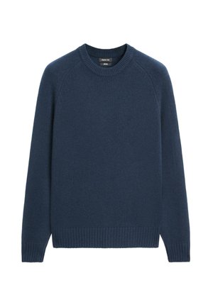 Marineblå strikket sweater med rund halsudskæring, ribstrikkede ærmekanter og kant forneden, med en glat tekstur og raglanærmer.