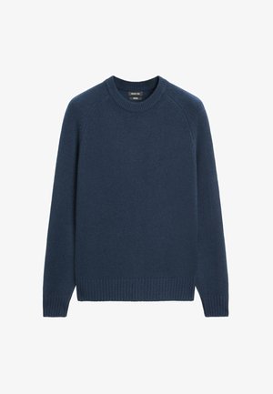 Marineblå strikket sweater med rund halsudskæring, ribstrikkede ærmekanter og kant forneden, med en glat tekstur og raglanærmer.