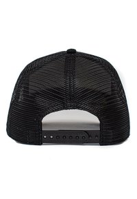 Gorra snapback de malla negra con un diseño tejido texturizado. Cuenta con una correa ajustable de plástico en la parte posterior para personalizar el ajuste.