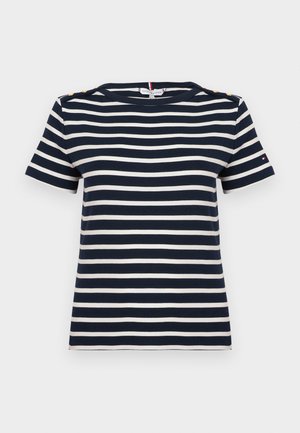 Marineblaues und weißes kurzärmliges Shirt mit horizontalen Streifen, rundem Ausschnitt und goldenen Knöpfen an den Schulternähten.