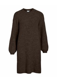 Rjava pletena obleka z udobnim krojem, okroglim izrezom in dolgimi napihnjenimi rokavi. Ima rebrasto teksturo in ravno robno obrobo.