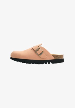 Pink suede clog with a black rubber outsole, featuring a side buckle accent and a cork insole for comfort.