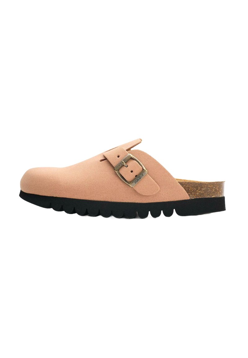 Pink suede clog with a black rubber outsole, featuring a side buckle accent and a cork insole for comfort.