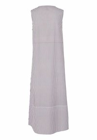 Vestido sin mangas en tejido ligero con rayas verticales en blanco y negro, silueta recta, escote redondeado y detalle de abertura lateral.