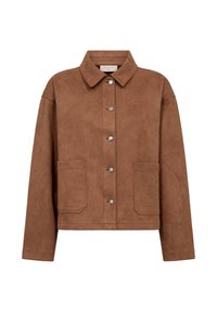 Brun imitationmockasinjacka med kragliknande hals, knappslå fram, två framfickor och ärmar i sweatshirt-stil.