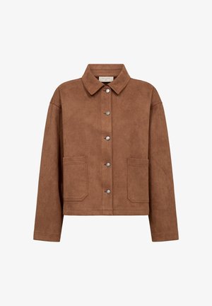 Brun imitationmockasinjacka med kragliknande hals, knappslå fram, två framfickor och ärmar i sweatshirt-stil.