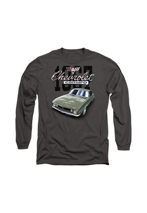 Dunkles Langarmshirt mit einer grünen Darstellung eines Chevrolet Camaro von 1967 und dem Text "Chevrolet Camaro 1967" mit einem Logo darüber.