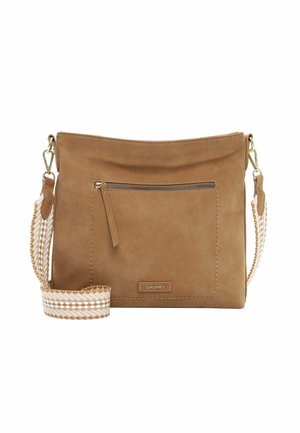 Pruun seemisest õlakott esiosa lukuga tasku ja eemaldatava valge ning tan-mustrilise ruudulise kootud rihmaga.