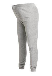 Grå sweatpants gjorda av en mjuk bomullsblandning, med en justerbar dragsnodd i midjan och avsmalnande muddar vid anklarna.