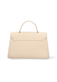 Beige leren handtas met een gestructureerd ontwerp, bovenhandgreep en een klepsluiting. Textuur oppervlak en minimale accenten van goudkleurige hardware.