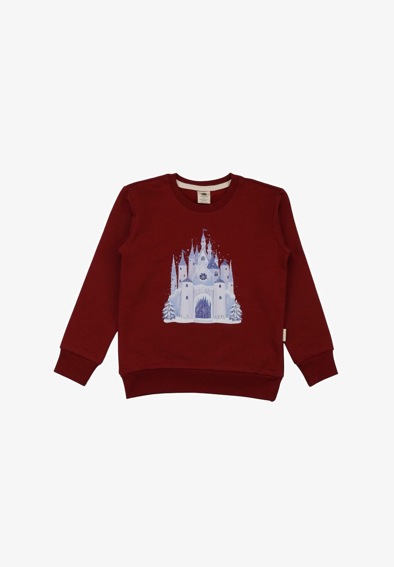 Burgundy sweatshirt made of cotton, featuring a blue castle design with white accents and snowflakes. Ribbed cuffs and neckline.