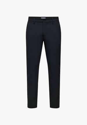 Schwarze maßgeschneiderte Hose aus strukturiertem Stoff, mit Reißverschluss und Knopfverschluss. Gerade geschnitten mit Gürtelschlaufen, geeignet für formelle oder legere Anlässe.