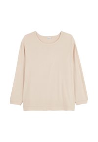 Haut à manches longues rose clair en tissu doux, avec un col rond et une coupe décontractée, agrémenté d'un ourlet et de poignets cousus.