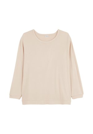 Haut à manches longues rose clair en tissu doux, avec un col rond et une coupe décontractée, agrémenté d'un ourlet et de poignets cousus.