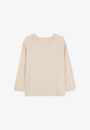 Haut à manches longues rose clair en tissu doux, avec un col rond et une coupe décontractée, agrémenté d'un ourlet et de poignets cousus.