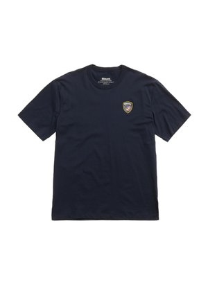T-shirt blu navy a maniche corte con scollo rotondo e piccolo distintivo Blauer Police Academy sul petto sinistro.