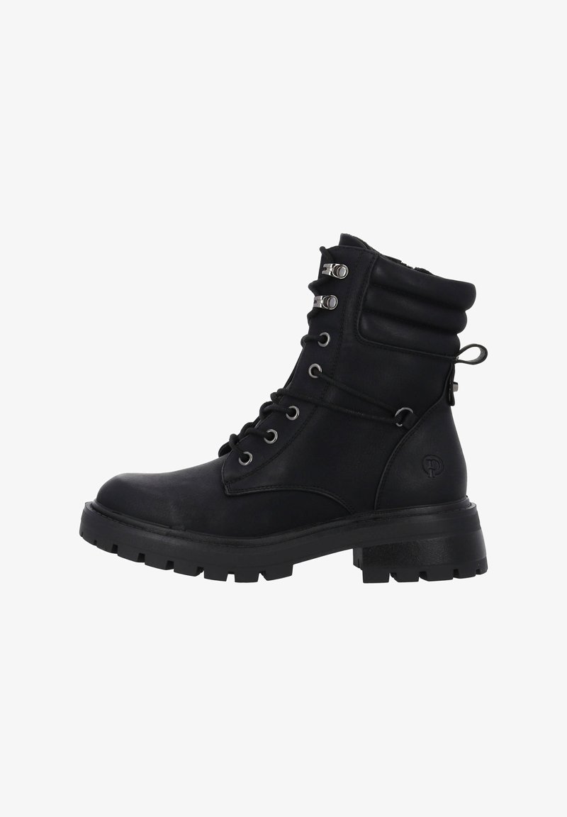 Botte de combat en cuir noir à lacets avec col rembourré à la cheville, œillets métalliques, languette à l'arrière et semelle épaisse crantée.