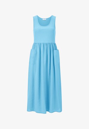 Bezrukávové svetlomodré midi šaty s rebrovaným živôtikom, okrúhlym výstrihom, nariaseným pásom a dvoma veľkými prednými náprsnými vreckami.