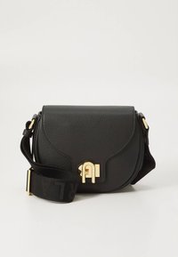 Black leather crossbody bag with gold-tone hardware and a logo clasp, featuring a textured finish and a wide adjustable strap.