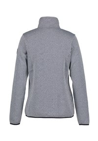 Pullover, gestructureerde stof met een geometrisch ruitpatroon in blauw en wit, hoge kraag, lange mouwen en zwarte afwerking aan de onderrand en manchetten.