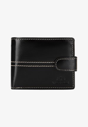 Billetera de cuero negro con costuras blancas, forma rectangular y logotipo en relieve. Presenta un cierre de broche y una textura suave.